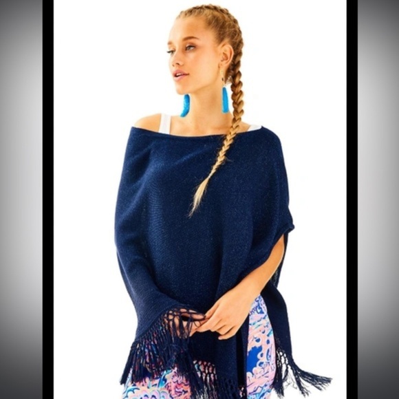 New with tags navy metallic Floreanna fringe sweater wrap - Picture 1 of 3